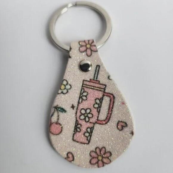 Coquette Floral Glitter Faux Leather Keychain Bag Charm - Picture 2 of 8